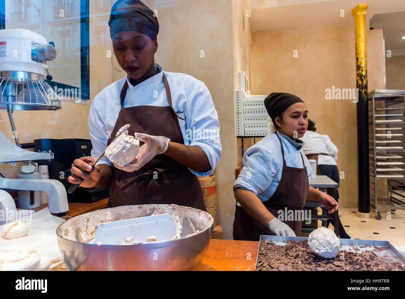 Paris, France, Woman Preparing Cakes, in French Bakery Shop, Window ...