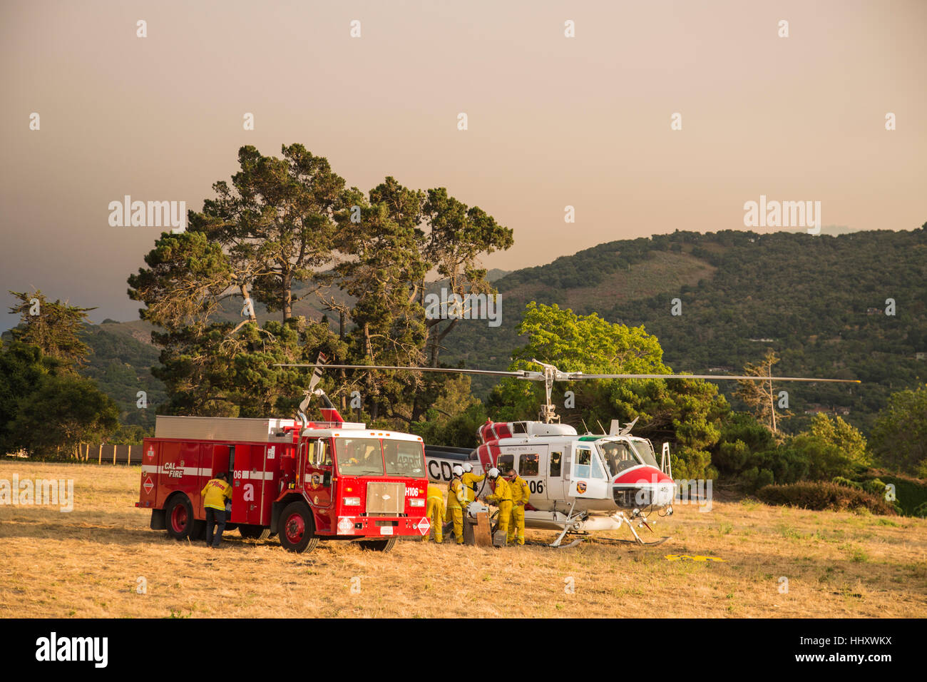 Firefighters prepare to fight fire in Carmel Valley, California Stock Photo