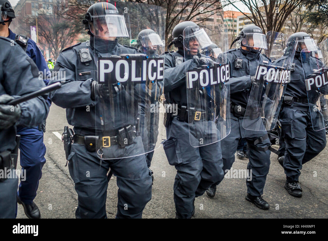 Washington, USA. 20th Jan, 2017. Hours after Donald Trump was inaugurated as the 45th President of the United States, On January, 20, 2017, protesters clashed with riot police, who responded with pepper spray, tear gas, rubber bullets and flash grenades. Credit: PACIFIC PRESS/Alamy Live News Stock Photo