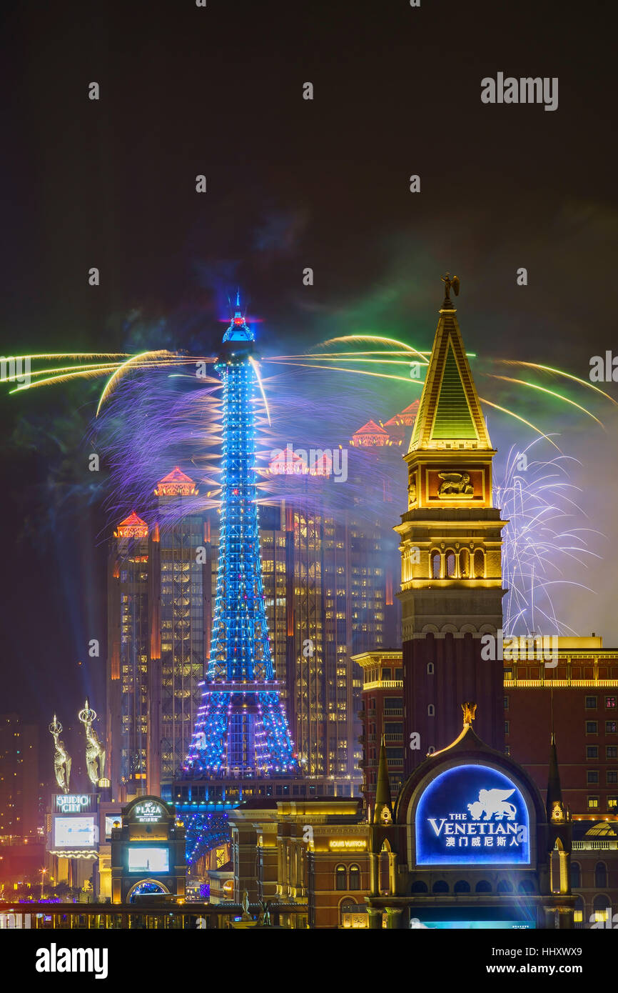 Macau, JAN 1: Parisian Macao new year fireworks on JAN 1, 2017 at Macau Stock Photo