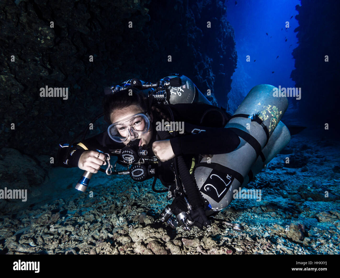 technical diver in the Canyon of Dahab, woman, front Stock Photo