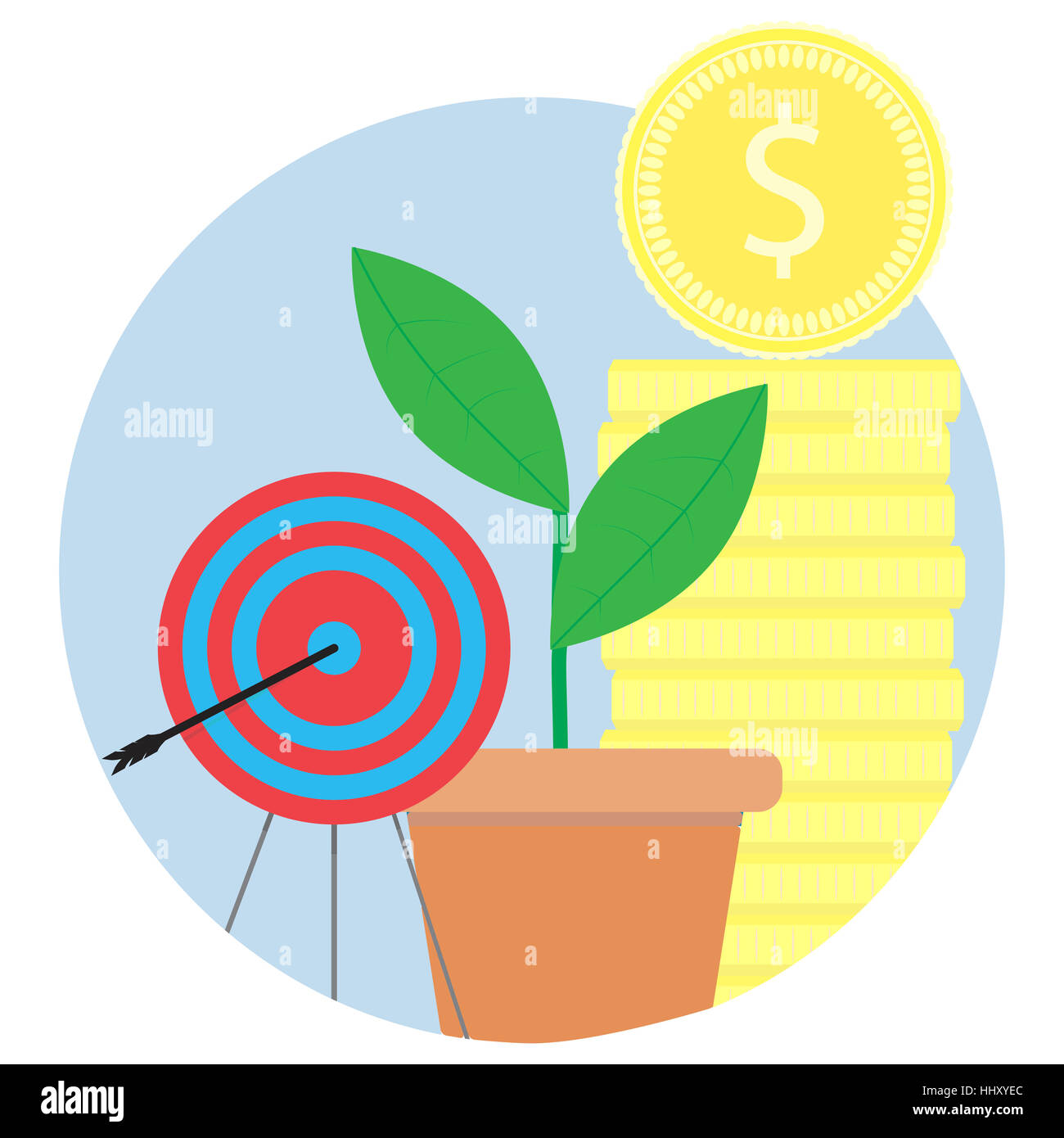 Financial success, achieving goals vector icon. Gold coin stack and sprout grow illustration Stock Photo