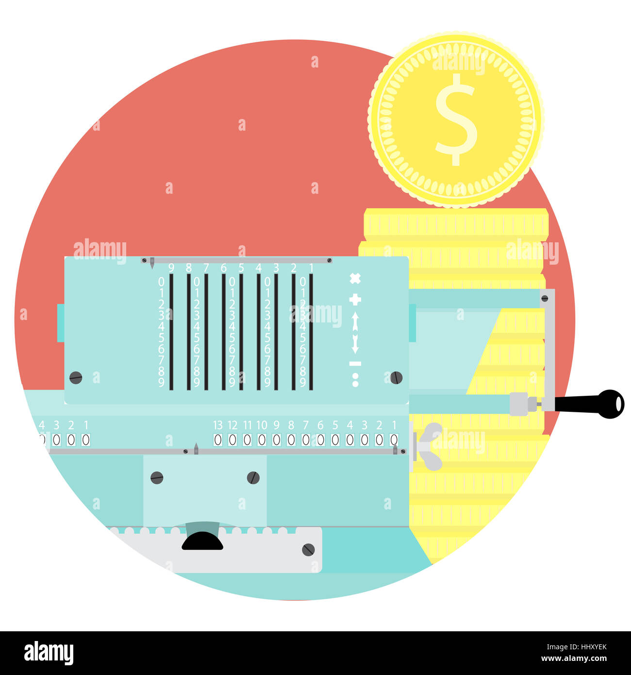 Count money flat icon vector. Adding machine and stock golden coin illustration. Audit and inspection budget or capital Stock Photo