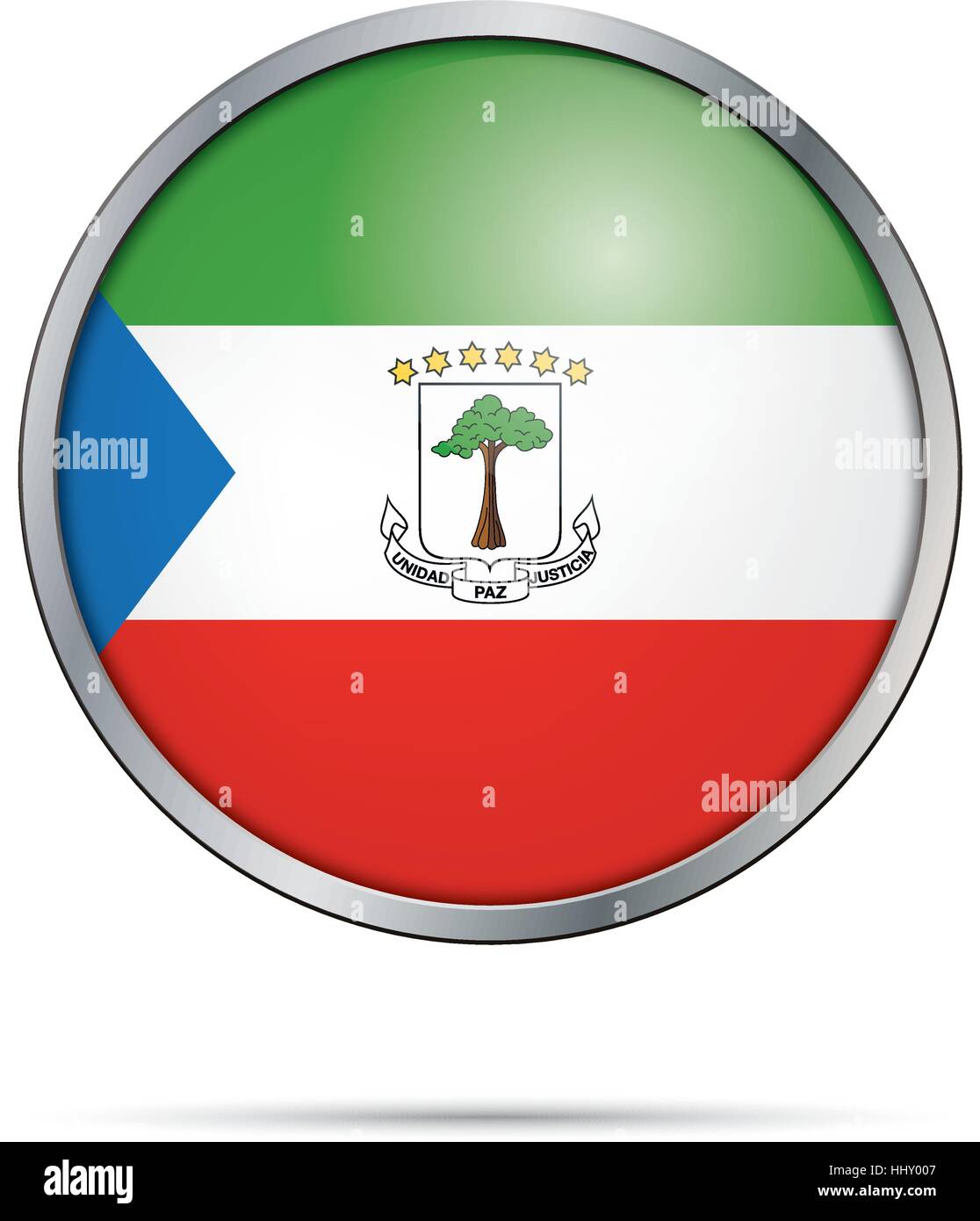 Vector Equatorial Guinea flag in glass button style with metal frame. Stock Vector