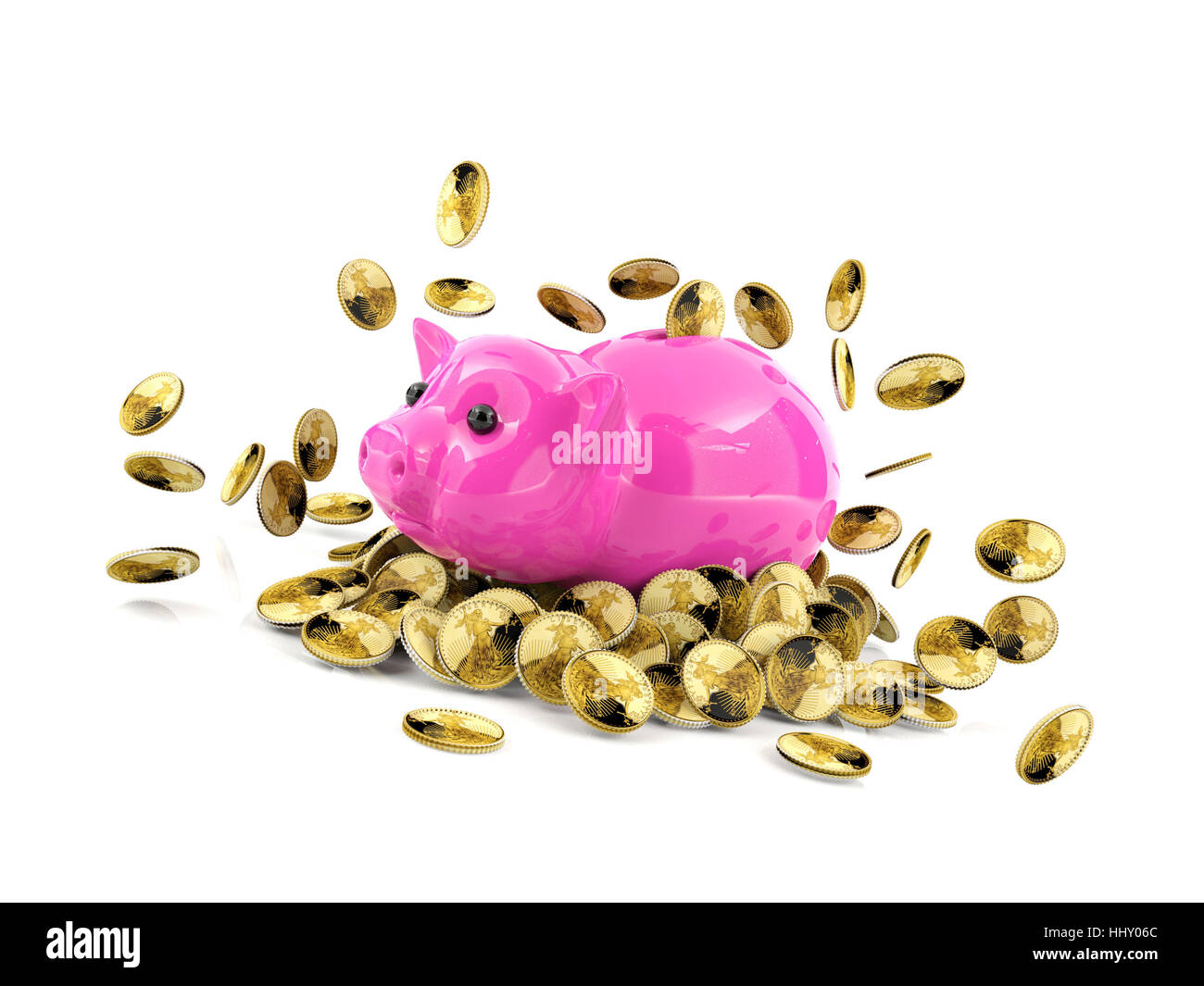Pink piggy bank with piles of gold coins on white background, money ...