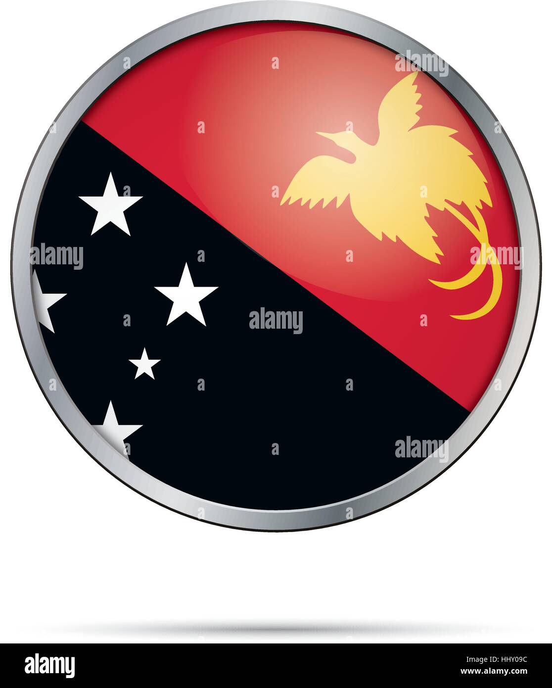 Vector Papua New Guinea flag in glass button style with metal frame. Stock Vector