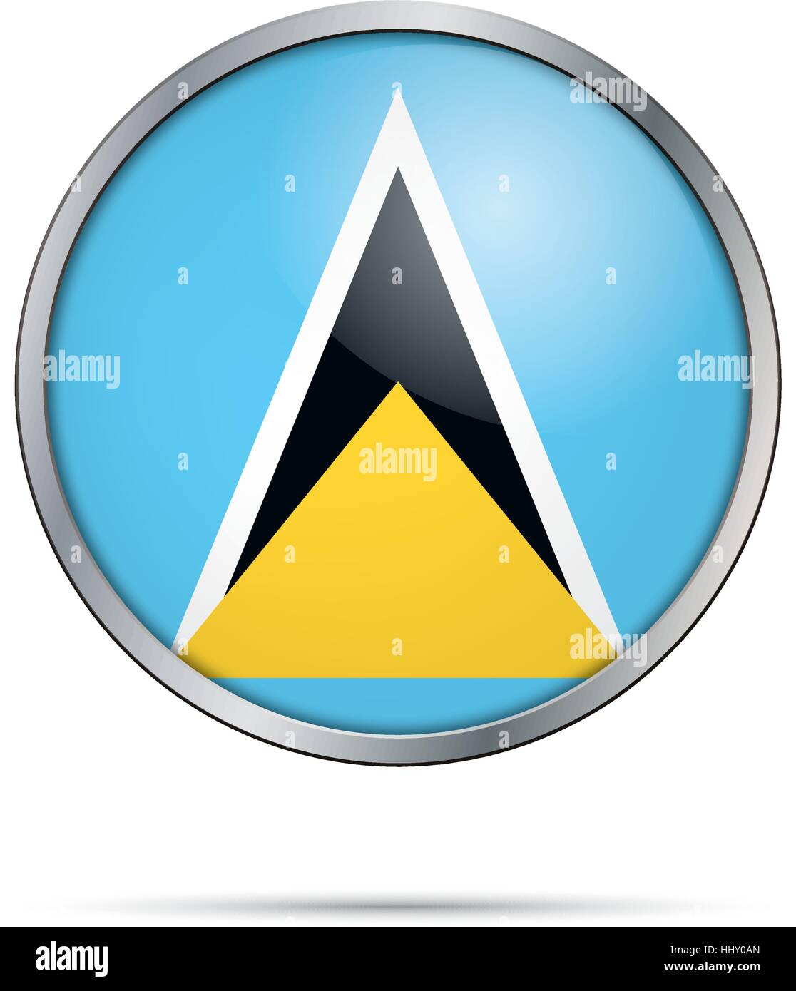 Vector Saint Lucia flag in glass button style with metal frame. Stock Vector