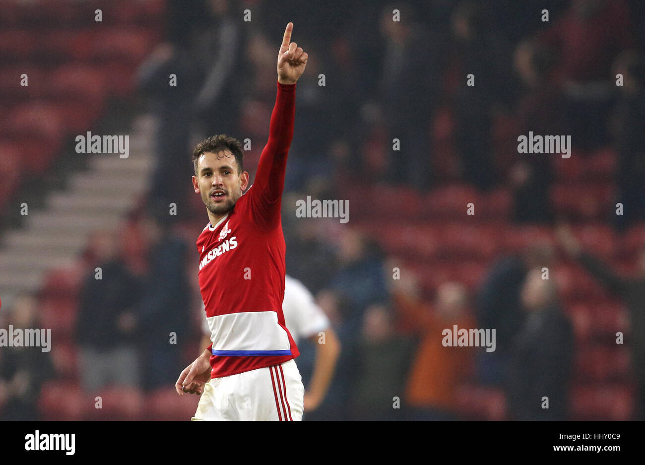 Middlesbrough's Cristhian Stuani celebrates scoring his side's first goal during the Premier League match at the Riverside Stadium, Middlesbrough. Stock Photo
