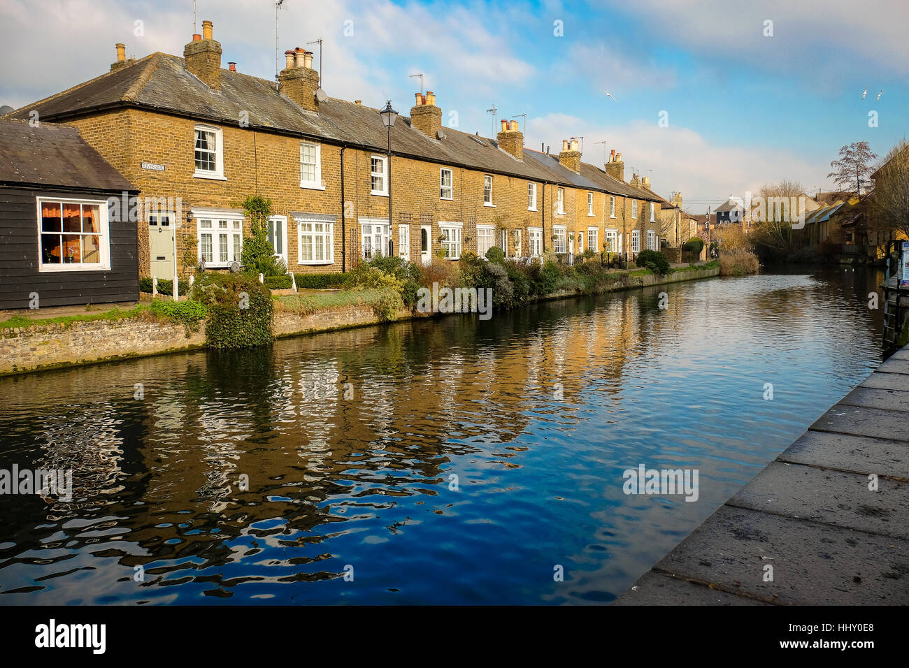 A row of canal side cottages in Hertford, England Stock Photo
