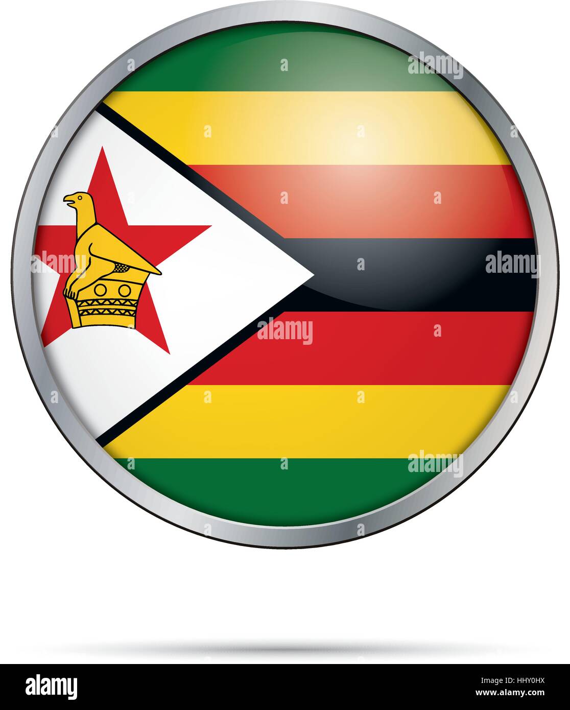 Vector Zimbabwean flag button. Zimbabwe flag in glass button style with metal frame. Stock Vector