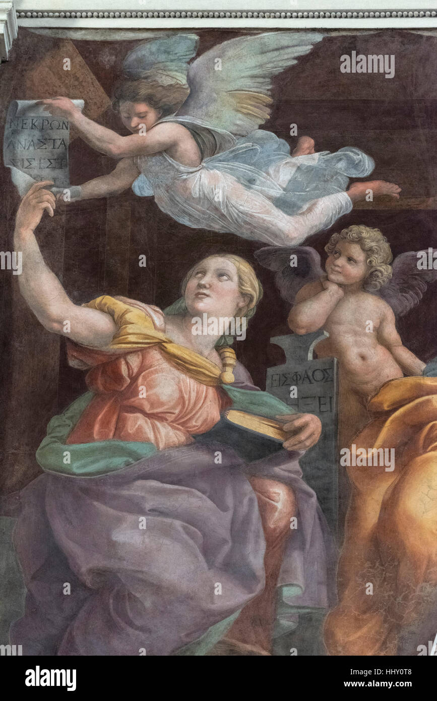 Rome. Italy. Detail of Raphael's fresco, The Four Sibyls, ca. 1514, in the Chigi Chapel of Santa Maria della Pace.  Detail of Cumaean Sibyl and angels Stock Photo