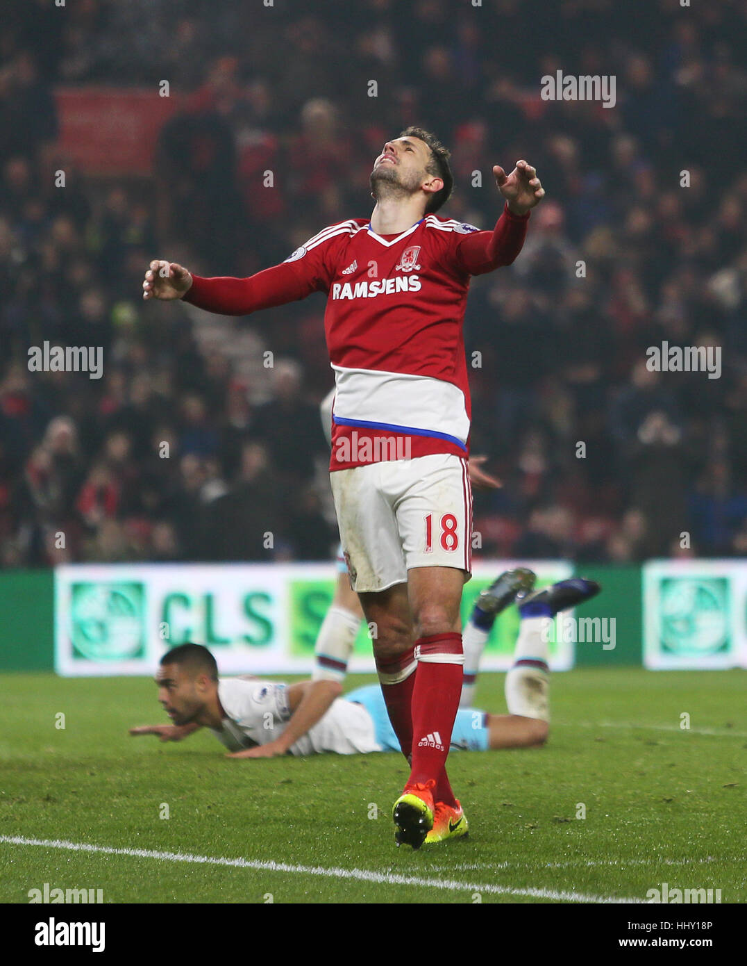 Middlesbrough's Cristhian Stuani reacts after his shot goes over the crossbar during the Premier League match at the Riverside Stadium, Middlesbrough. Stock Photo