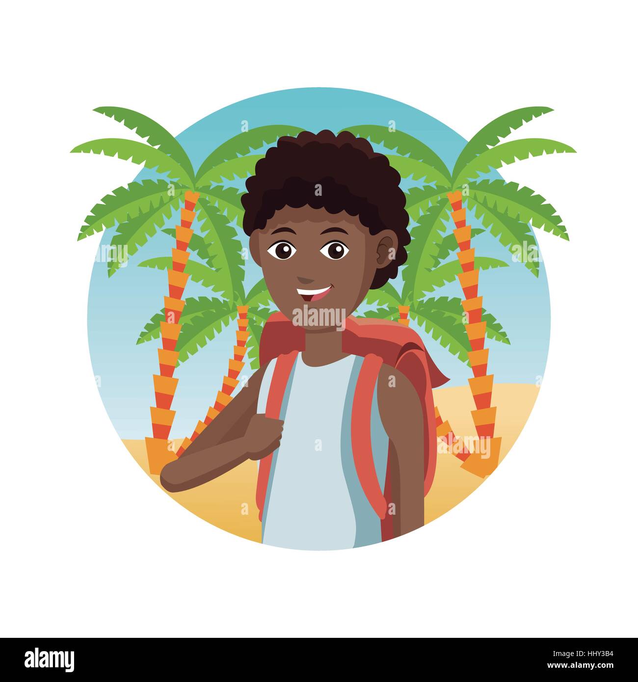 young guy afro traveler palm sand beach Stock Vector