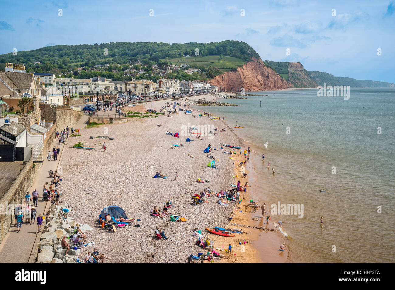 Great Britain, South West England, East Devon, Sidmouth, view of Sidmouth Beach and the red-coloured cliff face of Salcombe Hill Stock Photo