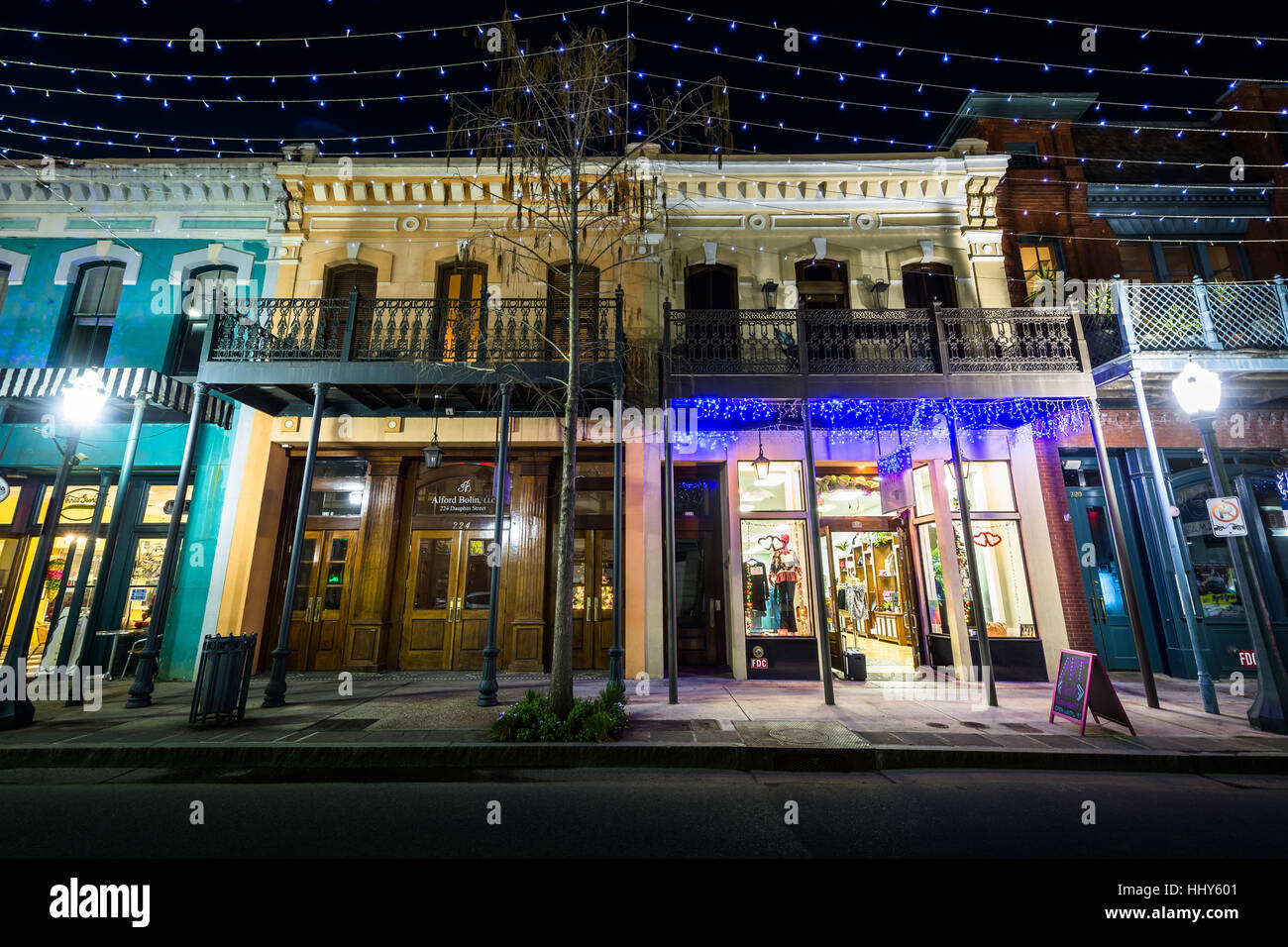Buildings along Dauphin Street at night, in Mobile, Alabama Stock Photo Alamy
