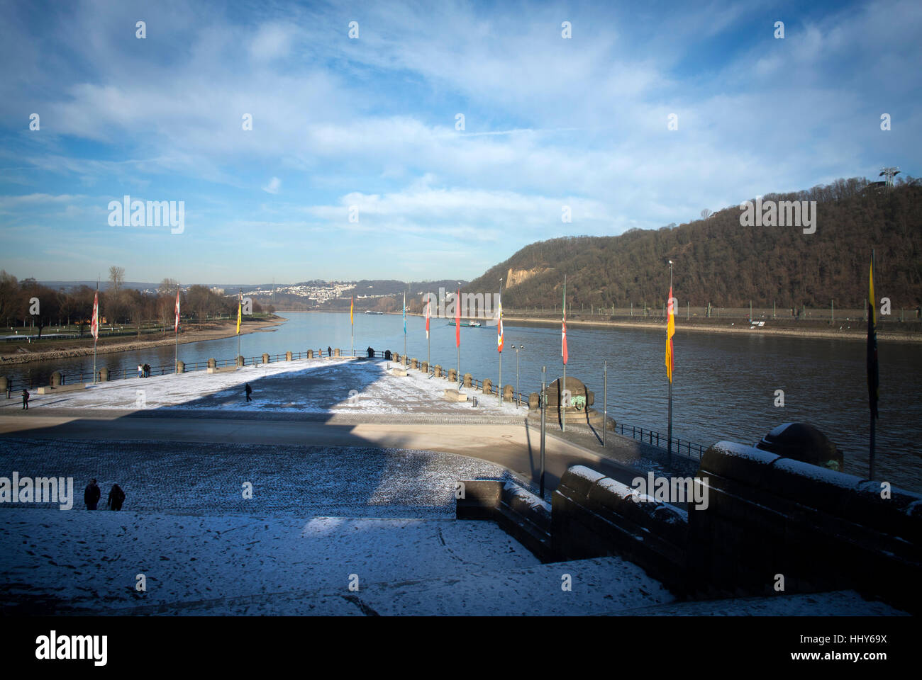 The Deutsches Eck (German Corner) where the rivers Rhein and Mosel meet in Koblenz, Germany. Stock Photo