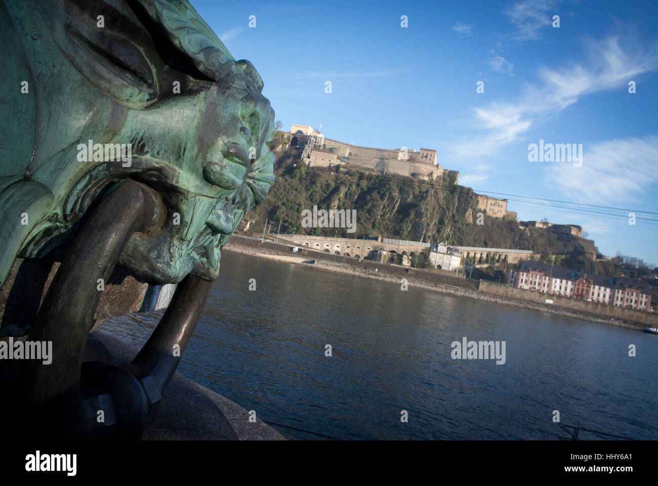 A mooring for boats st the Deutsches Eke with the Ehrenbreitstein Fortress in the background Koblenz, Germany. Stock Photo