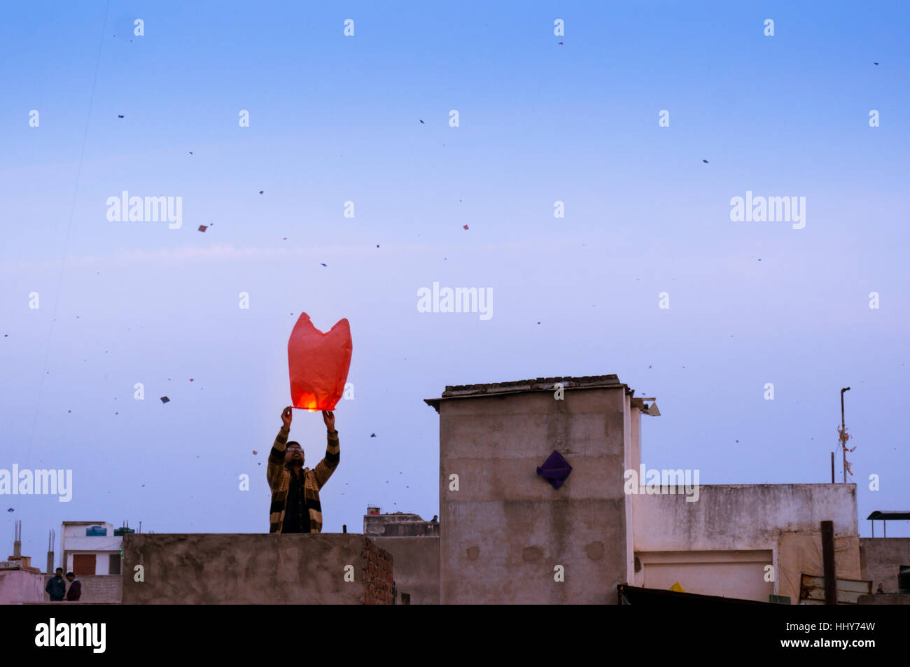 Jaipur, India 14th Jan 2017 People release a chinese lantern into