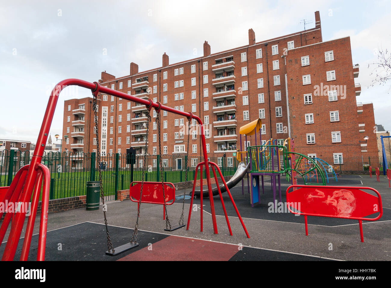 Empty playground on council housing estate, London, England, UK Stock Photo