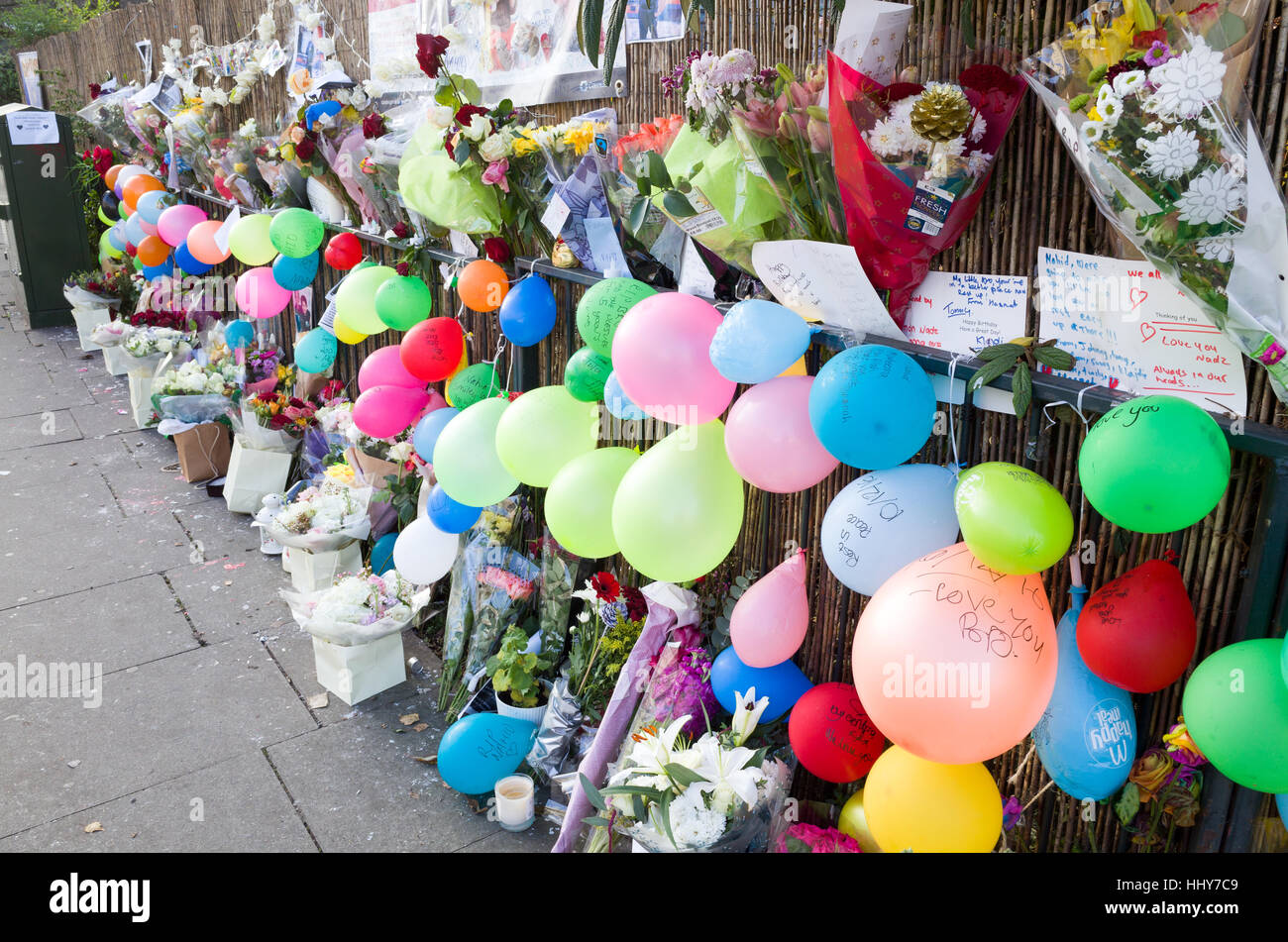 Temporary roadside memorial where a teenager was killed in a road traffic accident, London, England, UK Stock Photo