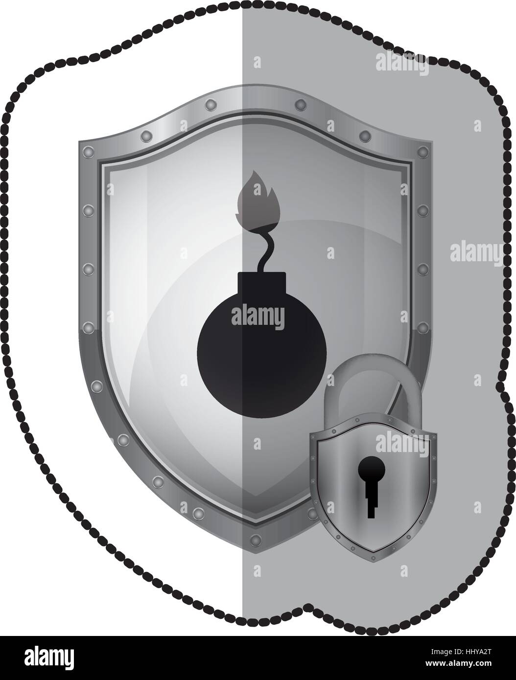 middle shadow sticker of shield with bomb and padlock vector ...