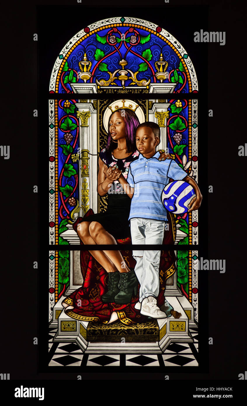 Stained-glass window entitled Sancta Maria, Mater Dei (2016) by African-American contemporary painter Kehinde Wiley displayed at his exhibition in the Petit Palais in Paris, France. The exhibition runs till 15 January 2017. Stock Photo
