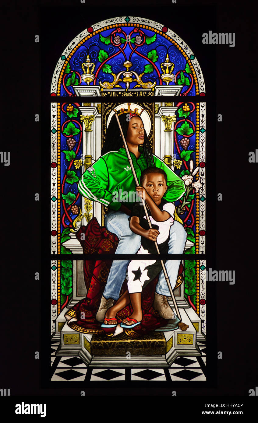Stained-glass window entitled Madonna and Child (2016) by African-American  contemporary painter Kehinde Wiley displayed at his exhibition in the Petit  Palais in Paris, France. The exhibition runs till 15 January 2017 Stock