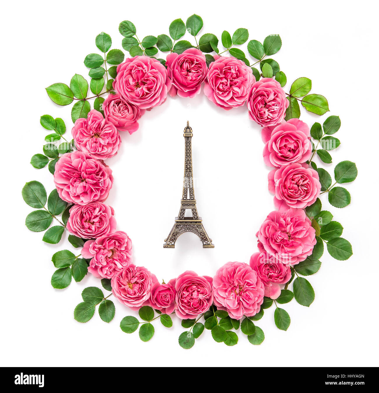 Pink rose flowers with Eiffel tower from Paris. Roses with green leaves ...