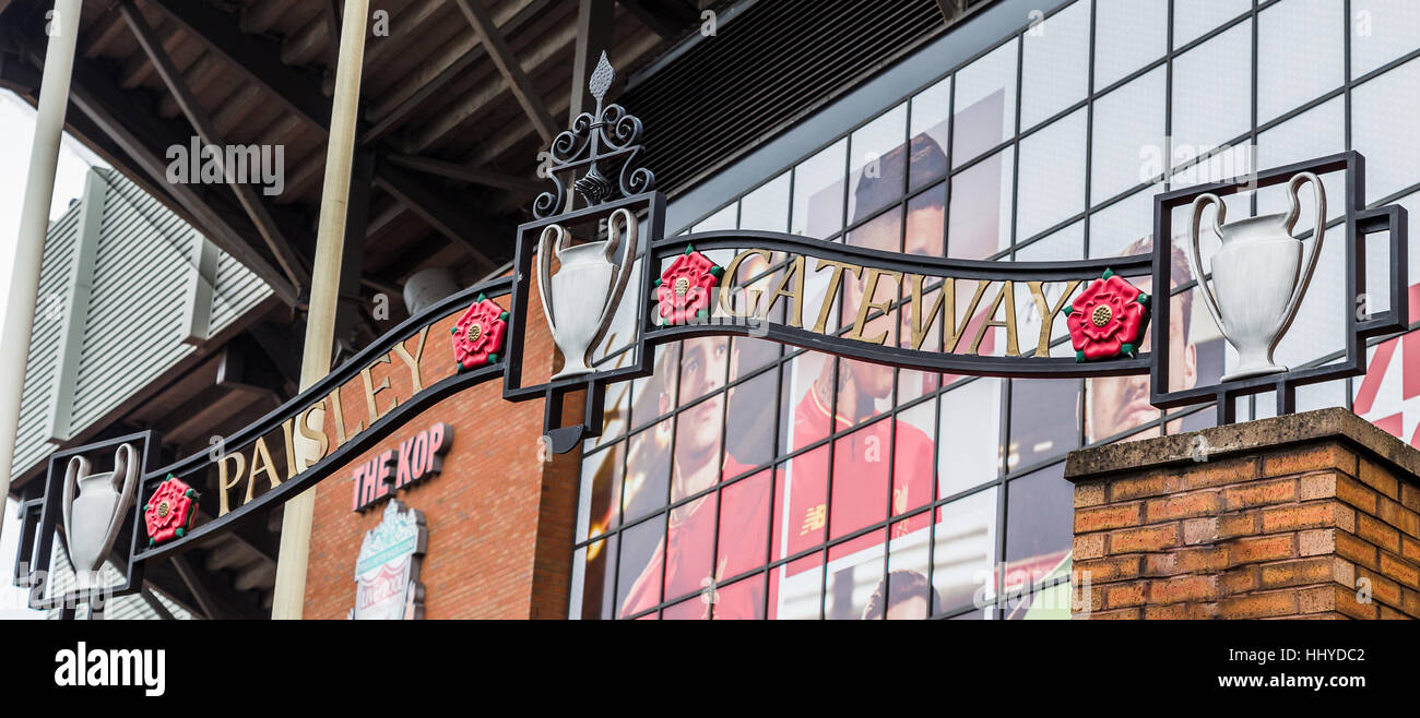 Close-up of the Paisley Gates in front of The Kop Stand at Liverpool Football Club. Stock Photo