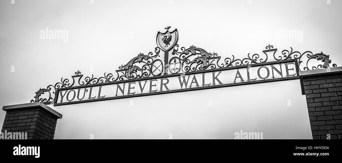 The title of Liverpool FC's club anthem seen on top of the Shankly Gates between the Centenary Stand & the Anfield Road.  The image has been given a l Stock Photo