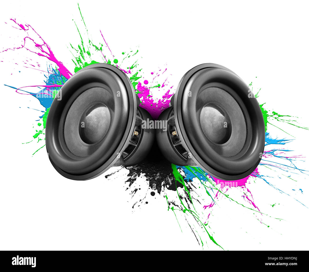 Music speakers with colorful paint splashes on white background Stock Photo