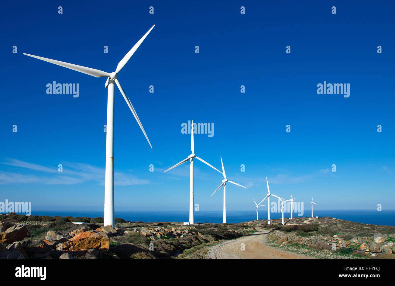 Wind turbines at a wind farm, Crete, Greece Stock Photo