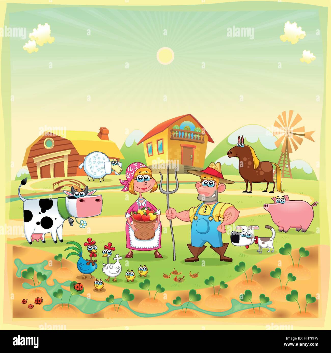Farm Family. Funny cartoon and vector illustration Stock Photo - Alamy, image size:1300x1390