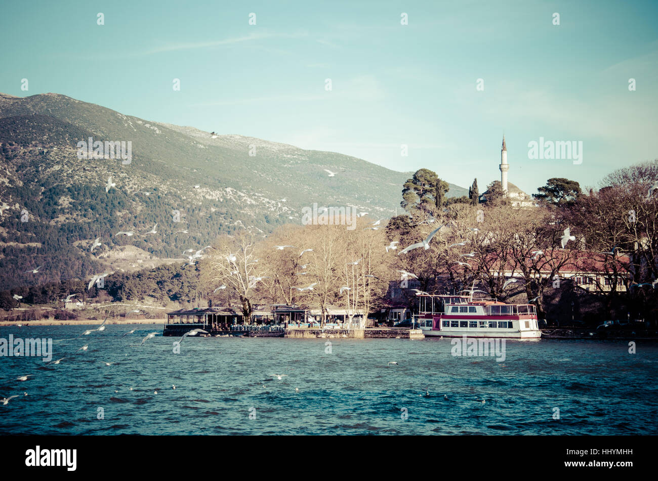 Ioannina city in Greece. View of the lake and the mosque of Aslan Pasa cami with seagulls and swans. Stock Photo