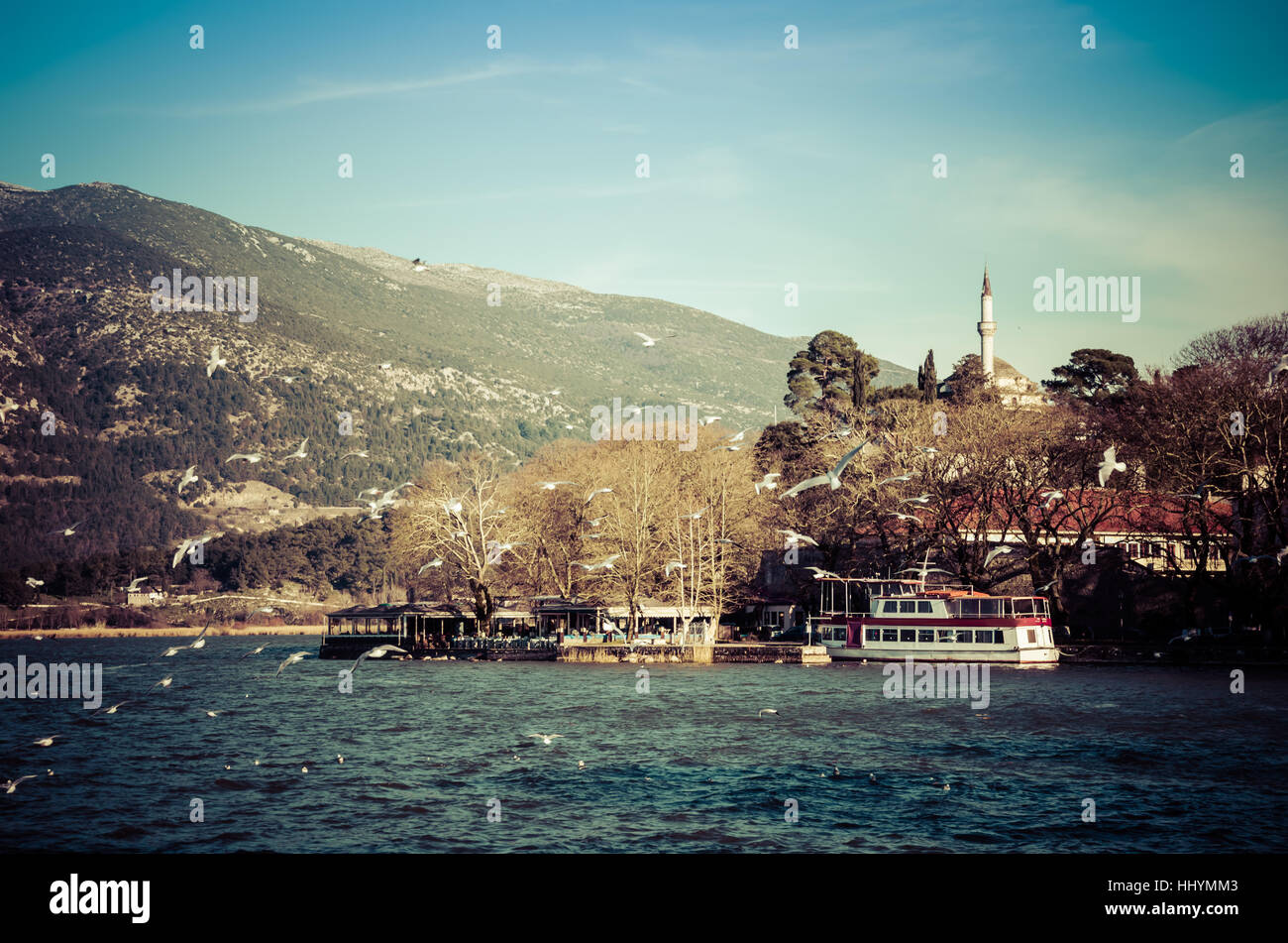 Ioannina city in Greece. View of the lake and the mosque of Aslan Pasa cami with seagulls and swans. Stock Photo
