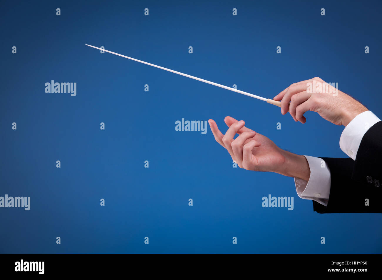 Male orchestra conductor hands, one with baton. Blue background Stock
