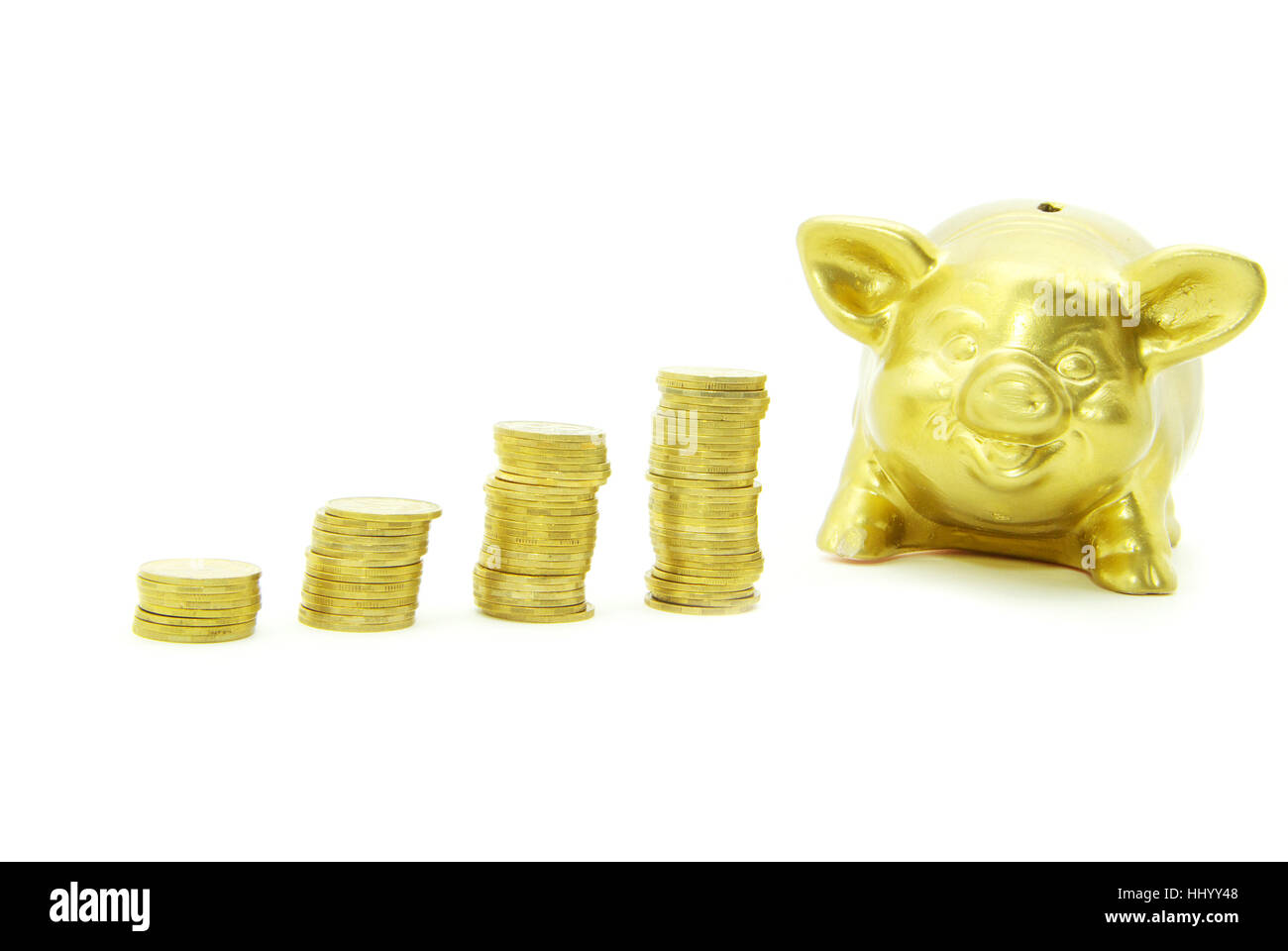 piggy bank isolated on white background with coins Stock Photo - Alamy