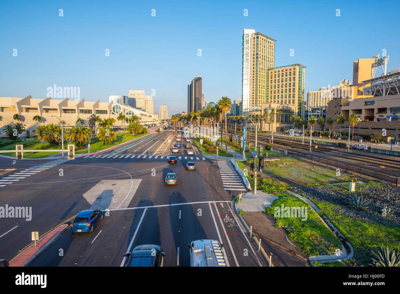 Looking down North Harbor Drive and towards downtown San Diego in the morning.   San Diego, California. Stock Photo