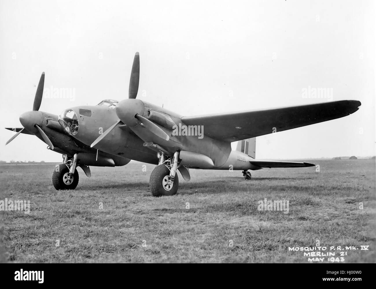 de HAVILLAND MOSQUITO P.R. Mk IV with Rolls Royce Merlin 21 engine in May 1943.  Flown by 540 Squadron RAF this aircraft  was hit  during the attack on the Gestapo HQ in Copenhagen on 21 March 1945 but landed safely back at RAF Rackheath. Stock Photo