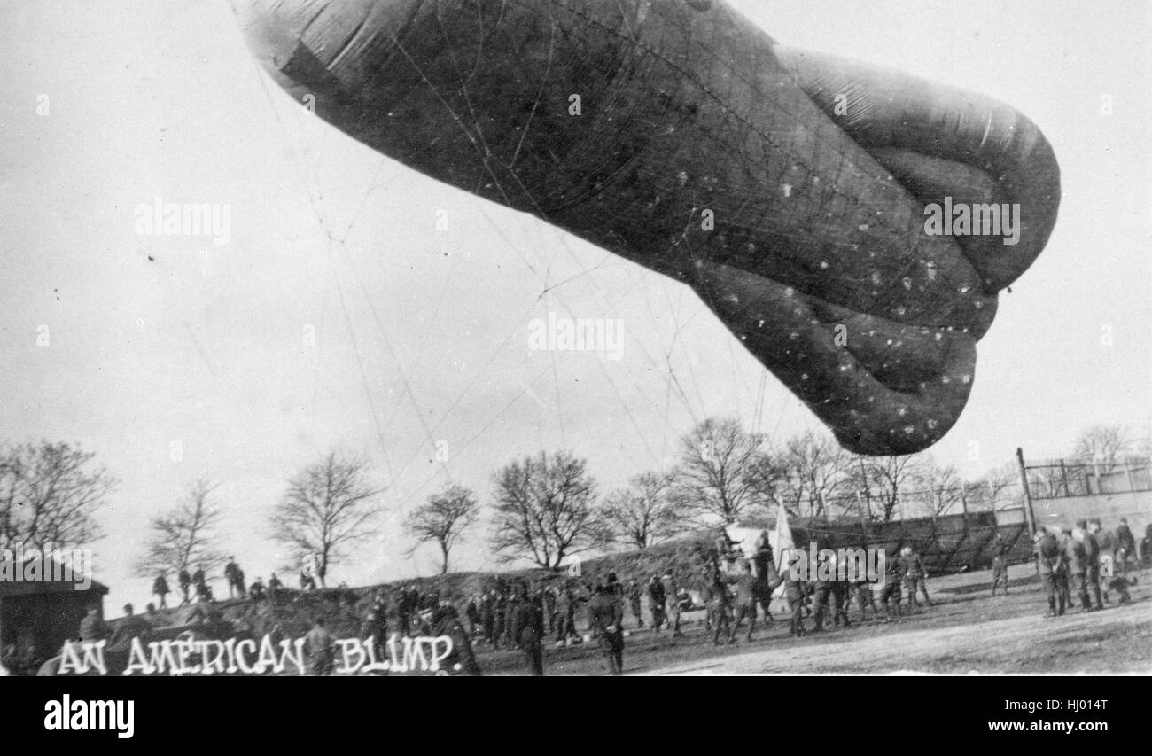 Antique c1917 photograph, An American blimp. Stock Photo