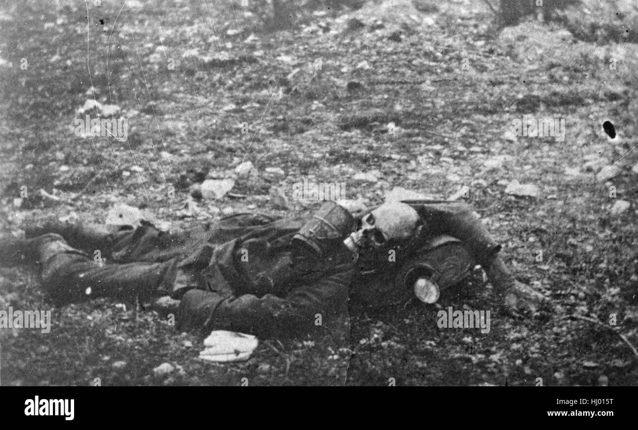 Antique c1919 photograph, human skeleton in uniform in World War I. Stock Photo