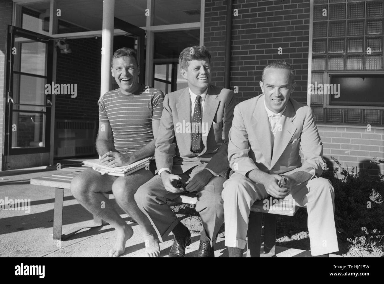 John F. Kennedy in Hyannis Port, 1959. Lemoyne Billings is at left. Stock Photo
