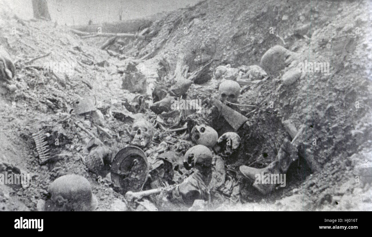 Antique c1919 photograph, human skulls, bones, and equipment including German helmets in trench in World War I. Stock Photo