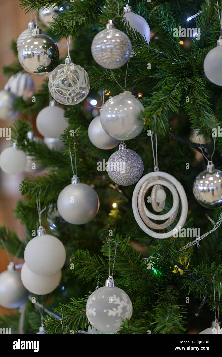 Christmas tree with white balls, note shallow depth of field Stock