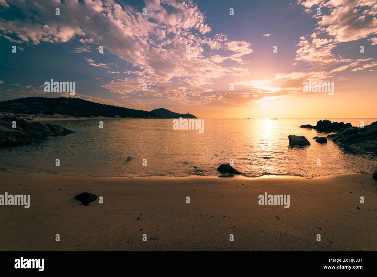 Sunrise on the beach of Chia, Sardinia Island, Italy. Stock Photo