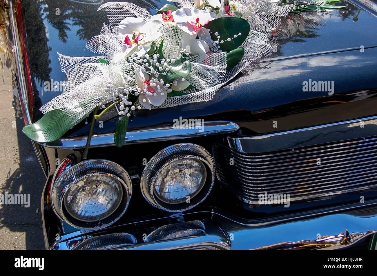 A wedding flowers on a car Stock Photo Alamy