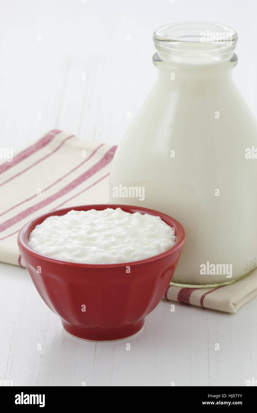 Cottage Cheese And Fresh Milk On Vintage French Table Linen Stock
