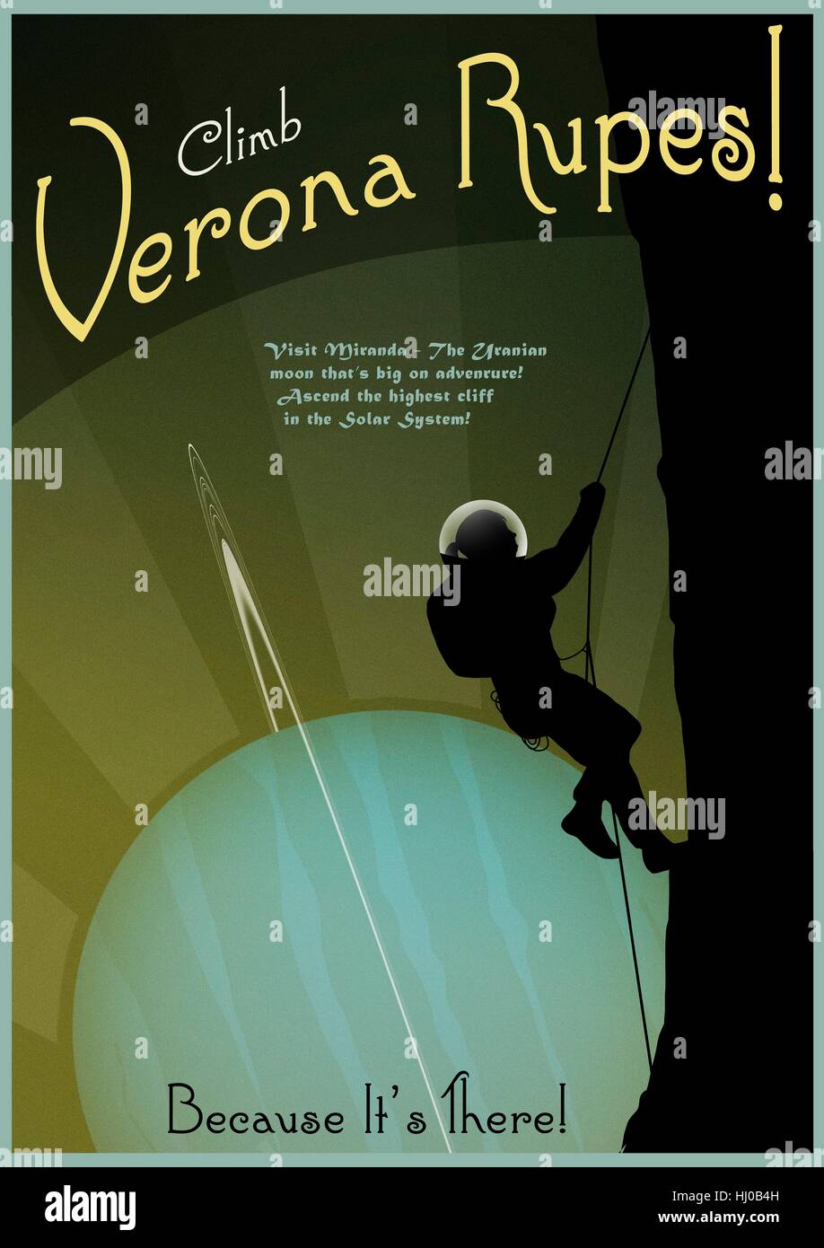 Miranda is the smallest of the five principal moons of Uranus. It is famous for its cliff, Verona Rupes, thought to be the tallest cliff in the known Solar System. Here, Miranda - and Verona Rupes in particular ? is advertised as a faux travel poster in art deco style. Stock Photo