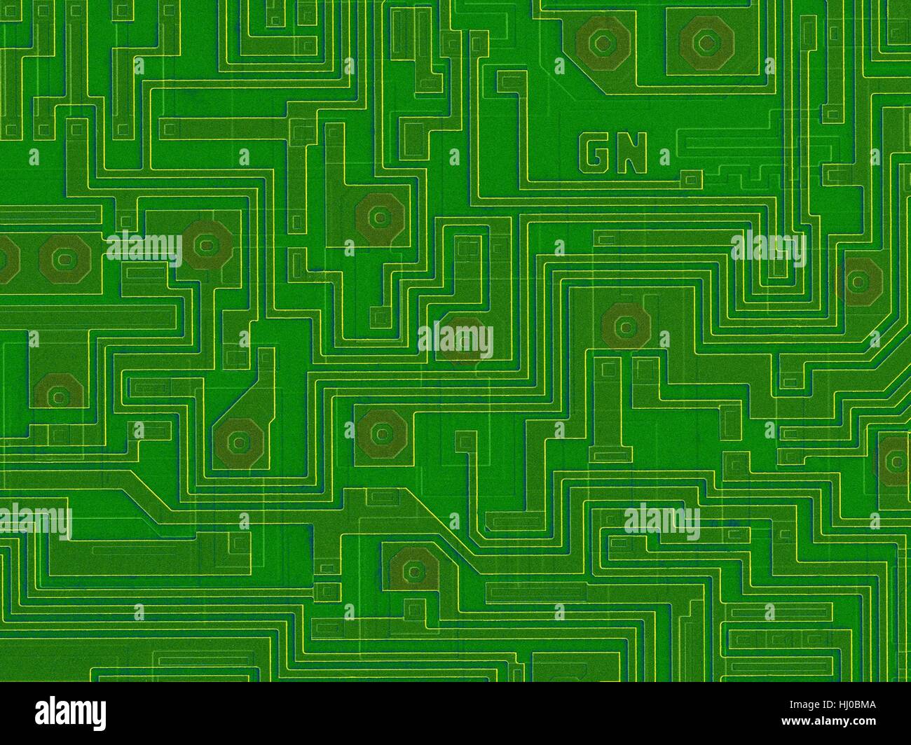 Coloured scanning electron micrograph (SEM) of Computer chip (microchip, microprocessor, integrated circuit) surface. Microchips are solid-state silicon semiconductor components that can process large amounts of data. They are the central part of devices such as computers. This integrated circuit has been made by imprinting microscopic electronic components onto the surface of a wafer of silicon. Integrated circuits can be made much smaller than non-integrated circuits. Magnification: x30 when shortest axis printed at 25 millimetres. Stock Photo