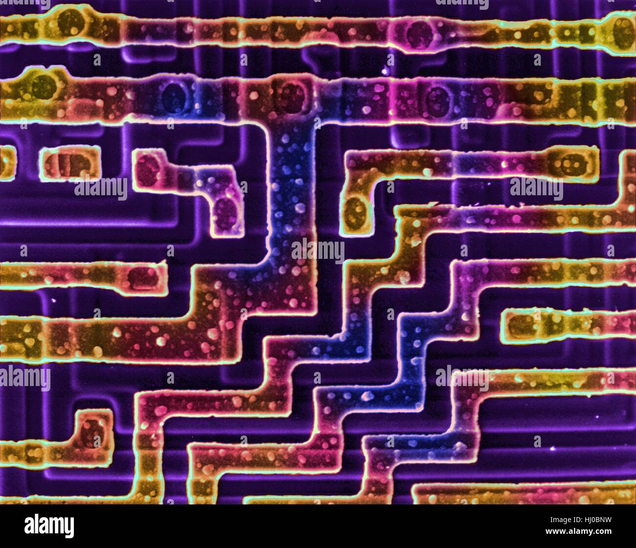 Coloured scanning electron micrograph (SEM) of Surface of a random access memory chip (integrated circuit). A RAM chip (Random Access Memory) is the computer's temporary data storage. A RAM device allows data items to be accessed (read or written) in almost the same amount of time irrespective of the physical location of data inside the memory. Magnification: x63 when shortest axis printed at 25 millimetres. Stock Photo